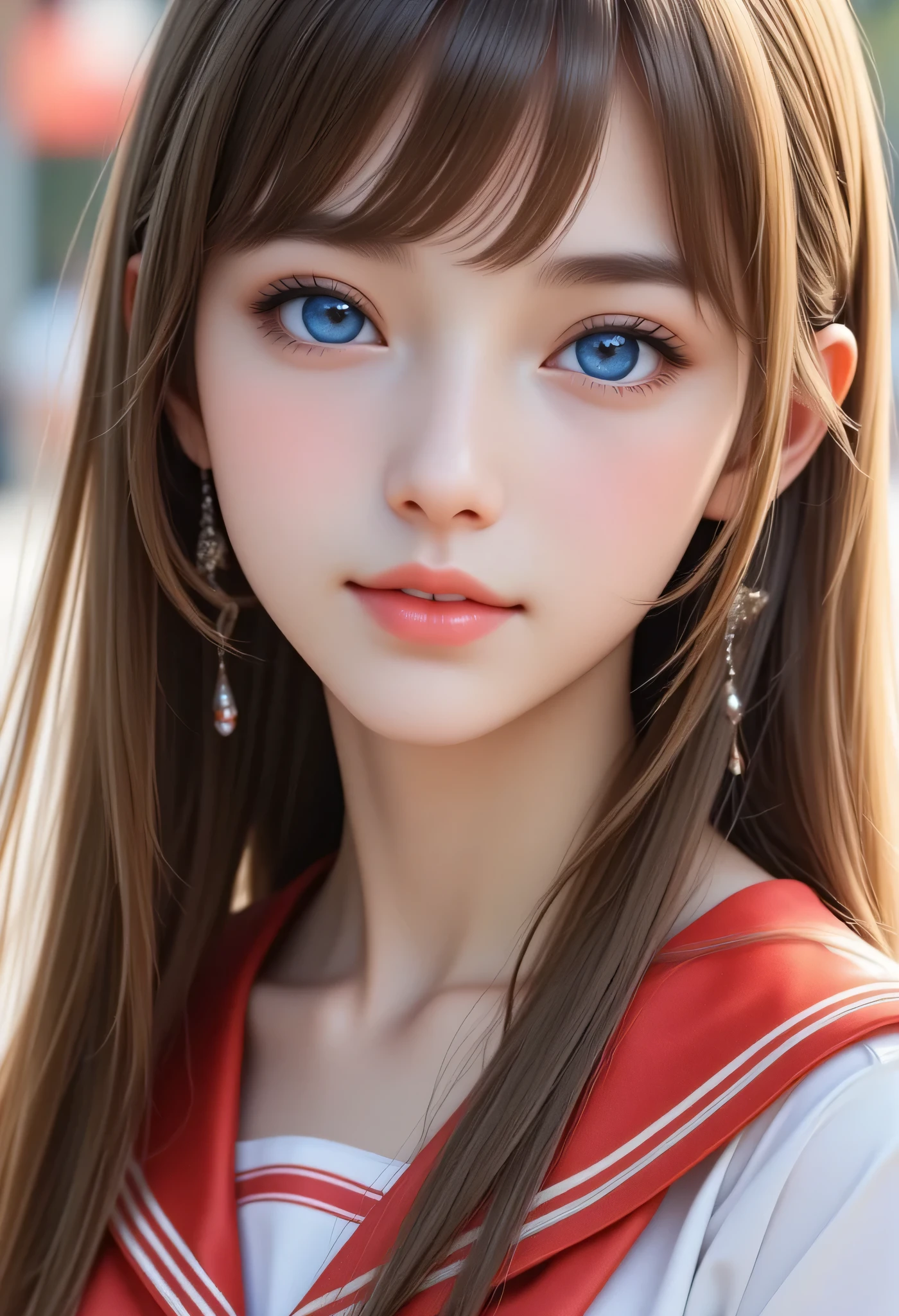 (super cute young face:1.5),
(sparkling clear attractive large glowing eyes:1.5), (japanese idol face:1.5),very beautiful cute girl,(:1.4),(thirteen uisite smooth and silky long brown straight hair,fair skin,(happy cheerful smile),professional portrait,
(super shiny  metallic red and white sailor high school uniform:1.2), (metallic red pleated skirt :1),
transparent holographic metallic red sailor collar, happy cheerful smile,narrow waist,in the street,(very thin makeup)