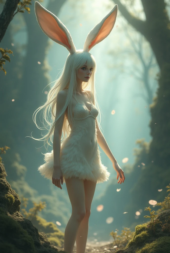 Recreate this image, a white rabbit woman,long hair sex, naked, on a starry night