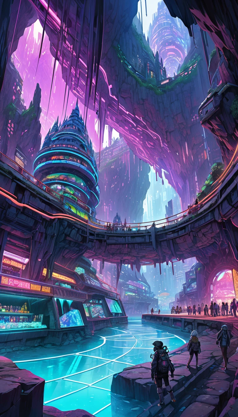 An expansive underground world in a cyberpunk style reminiscent of "Made in Abyss", Gigantic caverns filled with neon lights and futuristic structures made of metal and glass, The dim cavern is lit by glowing neon signs and holographic displays casting vibrant colors, Massive intricately detailed cybernetic sculptures and unusual structures carved out of the rock walls, Various species including cyborgs and futuristic humanoids interacting in a bustling central square, Highlight the sense of depth with winding pathways and underground markets, Predominantly dark blue purple and bright neon tones, Highly detailed realistic style,