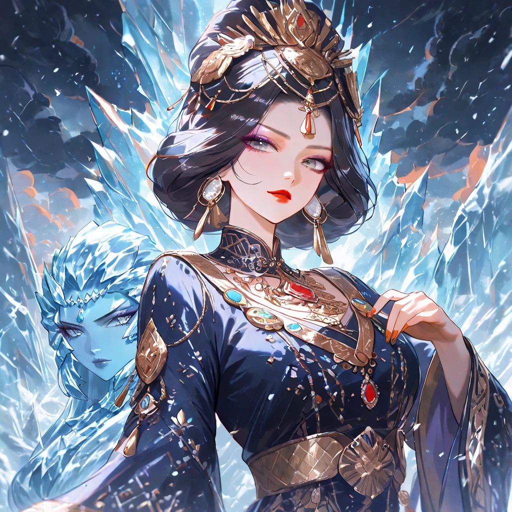 High quality 4K artwork ,Ultra Sexy Woman ,Flaming skull-faced samurai with blue flames,kimono branco