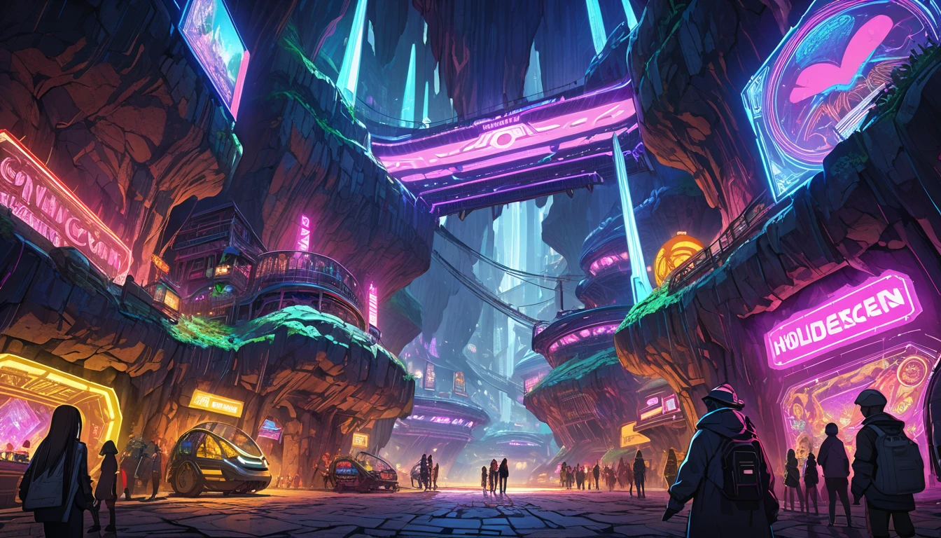 An expansive underground world in a cyberpunk style reminiscent of "Made in Abyss", Gigantic caverns filled with neon lights and futuristic structures made of metal and glass, The dim cavern is lit by glowing neon signs and holographic displays casting vibrant colors, Massive intricately detailed cybernetic sculptures and unusual structures carved out of the rock walls, Various species including cyborgs and futuristic humanoids interacting in a bustling central square, Highlight the sense of depth with winding pathways and underground markets, Predominantly dark blue purple and bright neon tones, Highly detailed realistic style,