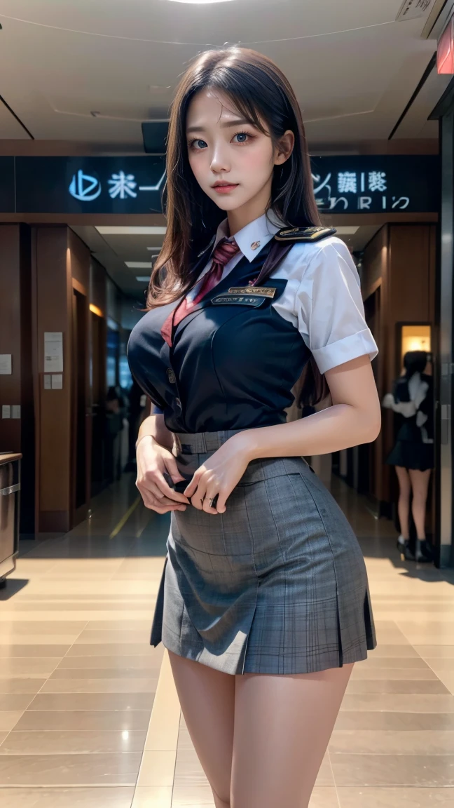 Ultra high definition, Ultra image quality, 8K image quality (beautiful slim legs: 1.15), (cute face), (natural glossy skin: 1), (small breasts, thin waist, small thighs, firm buttocks, perfect body shape: 1.1), (detailed natural beauty skin, detailed skin texture, detailed black hair, random hairstyle), light shining on the face, (cinematic lighting), lens flare, shading, backlight, depth of field, backlight, airplane, airplane cockpit, , stewardess uniform, stewardess cosplay, glamour, slender body, flight attendant hat, random pose,