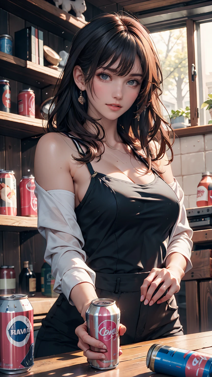 Beautiful girl modern fashion drinks coca cola, Cinematic,8k resolution, Soft lighting,Ultra-detailed skin and hair texture, eye,nose, Mouth has realistic details,Blonde、Sexy proportions、Narrow waist、Big Breasts、Saggy breasts、Nipple swelling emphasis、Leather choker、Rock band style T-shirts、Leather jacket、Leather pants、Chain decoration、Rainbow Hair Color、long hair