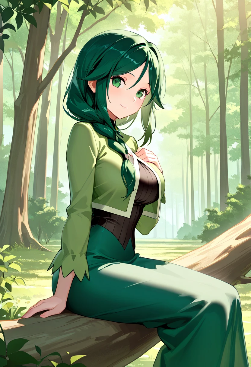 1girl, sitting under the tree, put one hand on chest, facing viewer, from side, BREAK zzCheryl, dark green eyes, single braid, hair over shoulder, green jacket, long dress, dark green hair, (small brasts:0.7), smile, BREAK detailed background, forest, outdoor, BREAK (best quality, masterpiece, UHD, ultra detailed), (beautiful face, shiny skin), (detailed eyes), (perfect anatomy), (professional lighting)