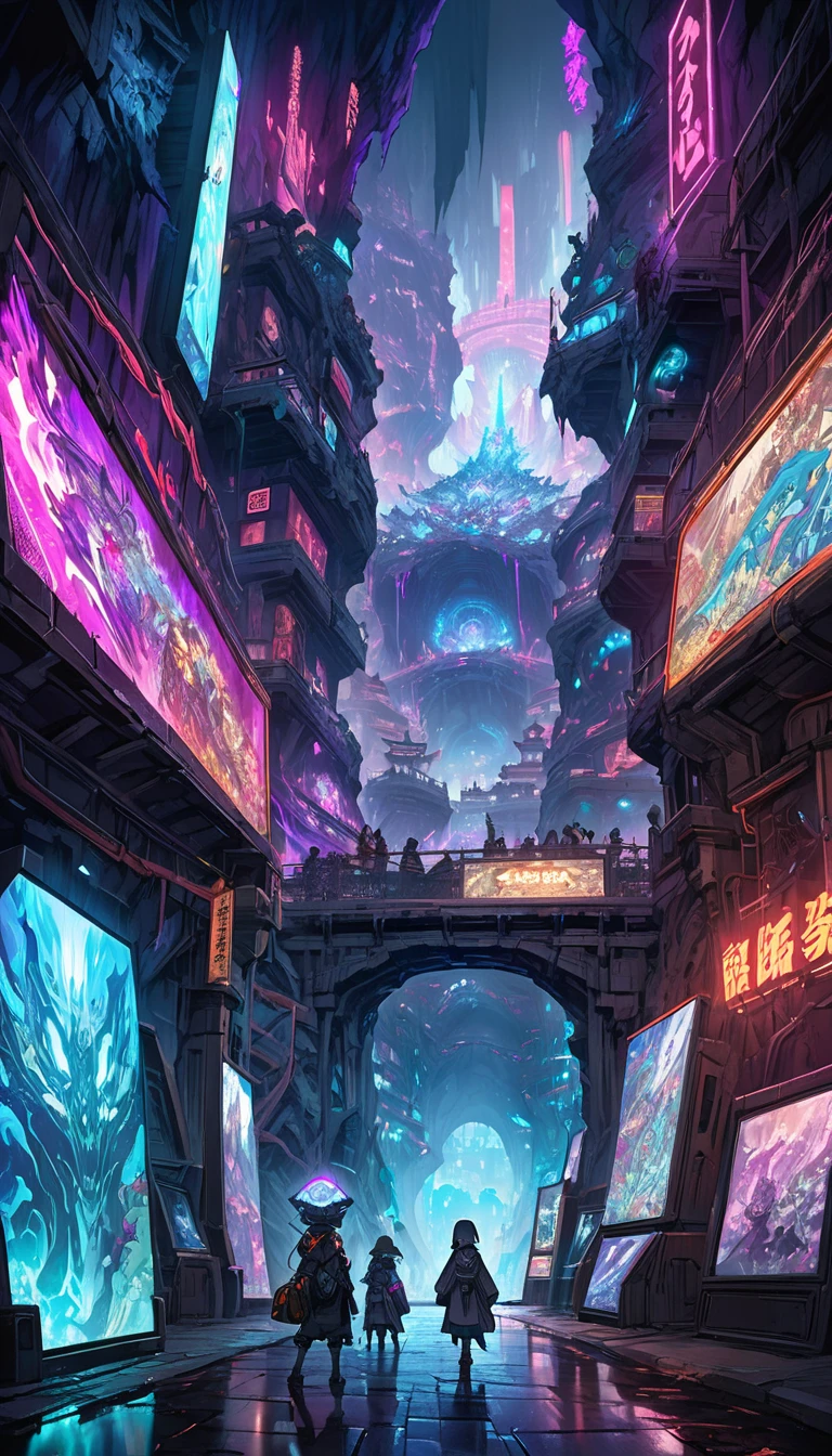 An expansive underground world in a cyberpunk style reminiscent of "Made in Abyss", Gigantic caverns filled with neon lights and futuristic structures made of metal and glass, The dim cavern is lit by glowing neon signs and holographic displays casting vibrant colors, Massive intricately detailed cybernetic sculptures and unusual structures carved out of the rock walls, Various species including cyborgs and futuristic humanoids interacting in a bustling central square, Highlight the sense of depth with winding pathways and underground markets, Predominantly dark blue purple and bright neon tones, Highly detailed realistic style,