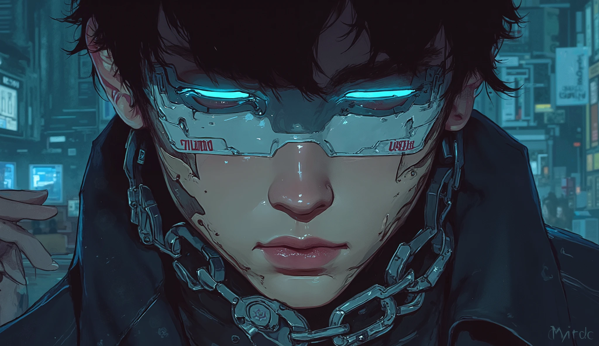 Ultra HD, anime realistic. Badass South Asian teen girl with short, windblown black hair and piercing electric blue eyes. Smirking confidently, she leans against a graffiti-covered wall in a neon-lit cyberpunk alleyway. Clad in a black tactical outfit with exposed arm guards, she grips a glowing katana at her side.