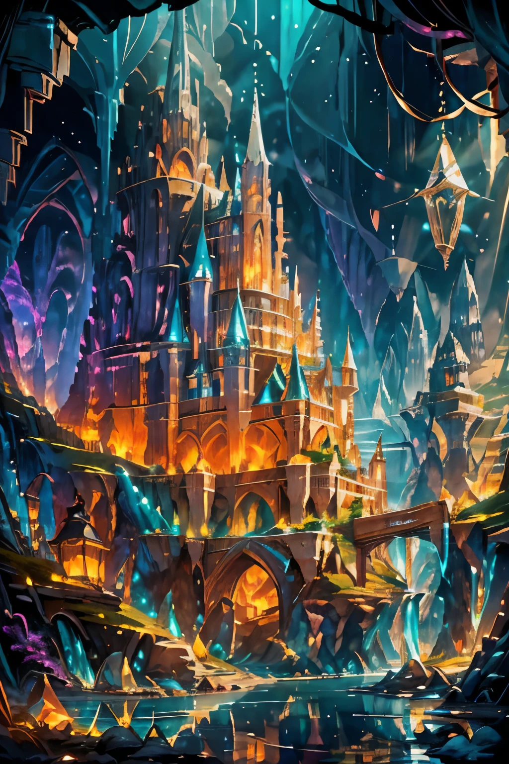 High-quality, masterpiece, 4K, breathtaking artwork. A fantastical underground kingdom, a vast underground cavern filled with wonder. The ceiling is adorned with glowing crystals and shimmering minerals, creating a mesmerizing starry sky effect. Floating islands hover in midair, connected by elegant suspension bridges and magical pathways that glow faintly in the dim light. A crystal-clear underground lake reflects the mystical surroundings, with a cascading waterfall that emits a soft, ethereal glow. In the center of the kingdom stands a magnificent crystal palace, shimmering in rainbow hues at night, radiating a divine aura. A mystical spirit market bustles with life, offering enchanted items, magical artifacts, and ancient relics, with traders from different mystical races. Scattered across the landscape, ancient stone temples and ruins exude an air of mystery, whispering forgotten secrets of the past. The kingdom is inhabited by elegant elves, enigmatic shadowfolk, luminous spirits, and majestic dragons, each playing their part in the kingdom’s harmony. At the heart of this magical realm lies the legendary "Moonlight Spring," a wellspring that shimmers under the eternal night sky. The "Sky Mirror," a mystical surface on the lake, serves as a portal between the underground kingdom and the world above, rippling like liquid silver. The kingdom’s life force emanates from the "Crystal Heart," a pulsating core of pure magical energy, radiating an ethereal glow that illuminates the realm with surreal beauty. Intricate details, a dreamlike atmosphere, stunning lighting effects, ultra-realistic textures, cinematic composition, artistic perfection.
