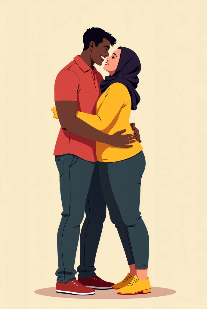 (hand drawing, outlining, flat style, vector art), 2d Drawing of a happy couple sitting next to each other in a train, funny looking black guy, curly black hair, happy fat guy with his gorgeous girlfriend, girl looking absolutely gorgeous, girl wearing grey hijab, beautiful girl, detailed eyes of girl, girls head on guys shoulder 