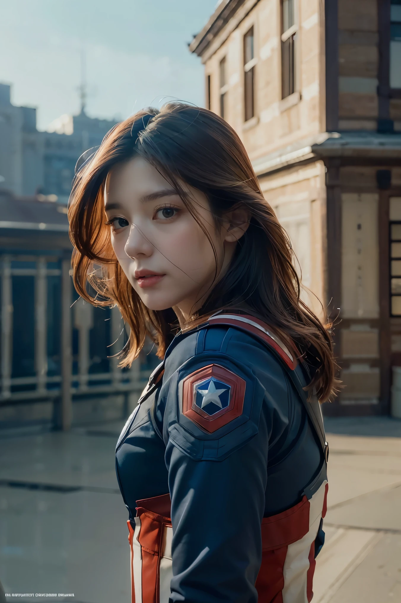 (raw photo:1.2), (photorealistic:1.4), 1girl as a Character Steve Rogers wearing Captain America's outfit, without the mask, very detailed eyes and face, beautiful detailed eyes, full body, 4k resolution, high quality model, high detail, high definition, light on the face, cinematic lighting