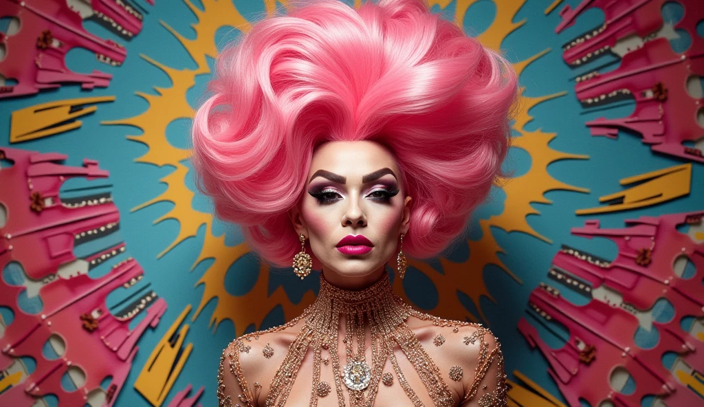 Lady GaGa vestido extravagante brillante neon, fondo de estrellas,textura 4K, cabello largo, calidad alta, peinado extravagante, Original album cover, imagen 8k, futurista, alta calidad de imagen, en la noche, accesorios en el cabello, imagen 8k, rostro realista en alta calidad, cuerpo completo, diferentes poses corporales, alta calidad en el rostro, rasgos definidos,HD, rostro realista y definido 4k