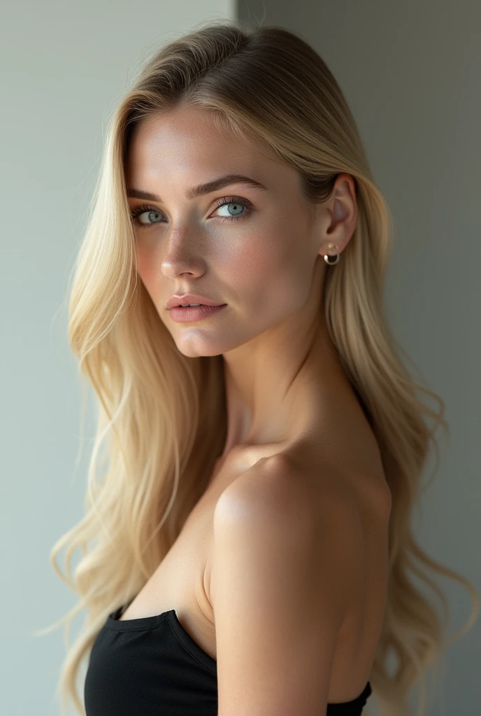 woman, photo of a stunning beautiful woman, 22 years old, perfect fit body, perfect medium breast, nude, big gray eyes, long blonde hair, green eyes, (realistic:1.3), finely detailed, quality, hairless pussy