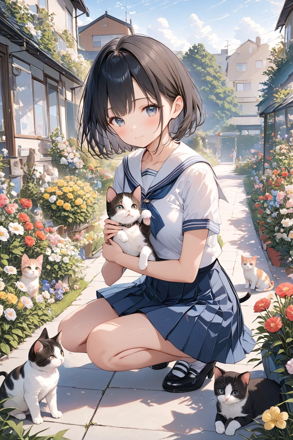 One Woman、1 kitten、garden、rain、Wet、beautiful girl、Sailor suit、A kind smile、Look at the kitten、Pleated skirt、Carrying a backpack with both hands、Year: 18、Bob Cut Hair, Highest quality, Body Type、small 、small ass、Black Hair,Black knee-high socks、Cowboy Shot、Ultra-high definition images、Squat with your legs apart、Angle from directly below、Petting a cat、Pat、Put the kitten on your lap、The kitten is meowing