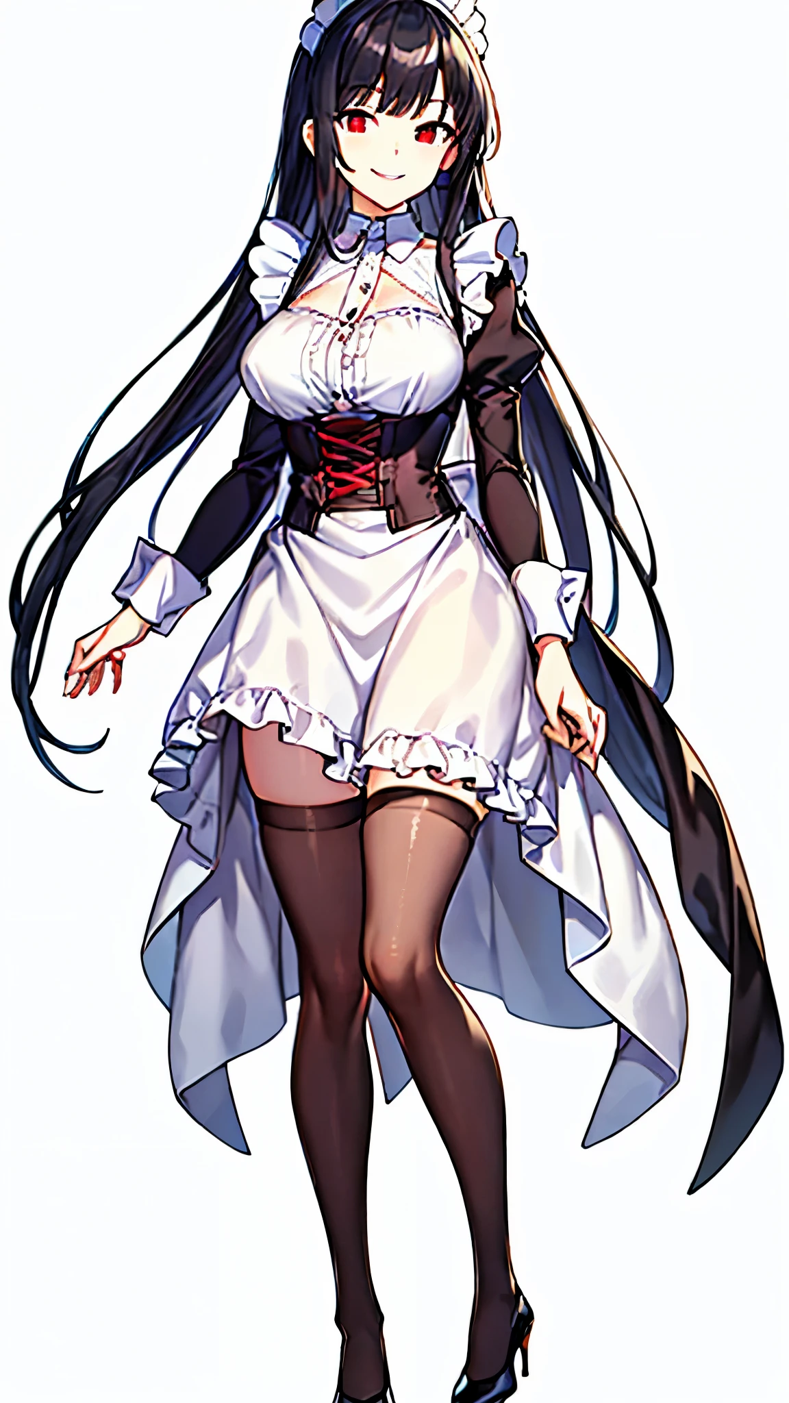 ( top quality, Hi-Res, Masterpiece :1.3, detailed outline, Clear contours), from front, ((female)), One person, 20th Generation, adult, precise and beautiful eyes, red eyes, ((red eyes)), Detailed light, Droopy eyes, puppet, very long hair, black hair, ((black hair)), blunt bangs, hime_cut, maid clothes, corset clothe, edwardian Maid, thigh-high socks, high heels, upright, standing, smile, ((light smile)), are cool, camera, (thin lips), ( no background, transparent background with transparent chest, White background)