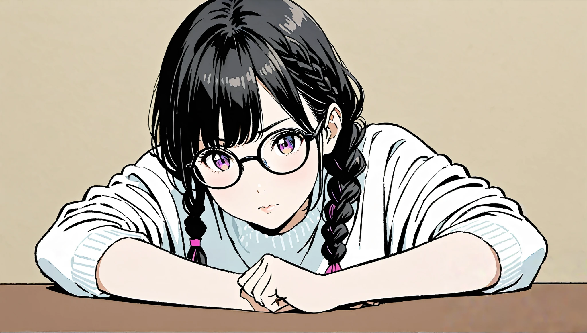 (( uneasy expression)),(Pop Color)),masterpiece, ((( with elbows on a table ))),、Highest quality, Beautiful attention to detail, Very detailed, In detail, High resolution, Perfect Anatomy, , , girl, (one person:1.5), alone, (Braided hairstyle for black hair),((( black rimmed glasses)))、 ( wearing a white sweater), ((White solid background))), Background, (City Pop anime), Kyoto Animation, ,anime,