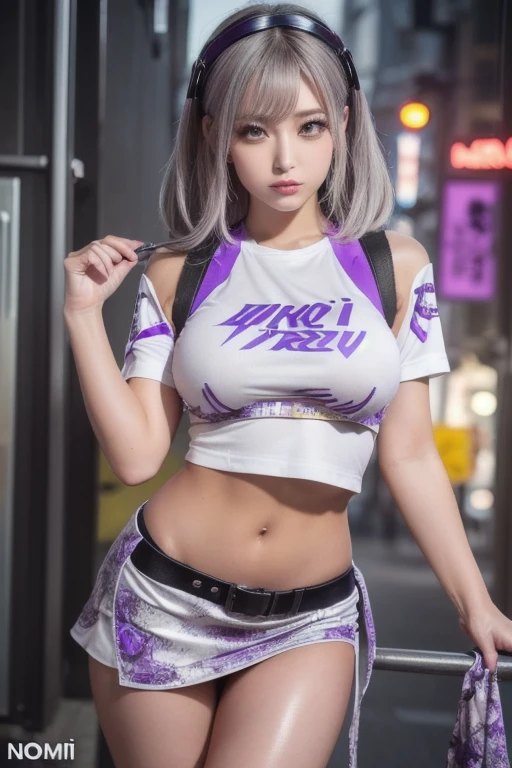 One girl, Gray Hair, Long Hair, Techwear masterpiece, highest quality, Realistic, Dark purple jacket, Portraiture, Fine grain, Wearing the headset, Platinum Hair, 21 year old girl, Fashion pose, Half Body, Wide shot, on the road, cyber punk,(((He has many tattoos all over his body)), (((Tight waist))), ((Big Breasts)),(See-through),panties