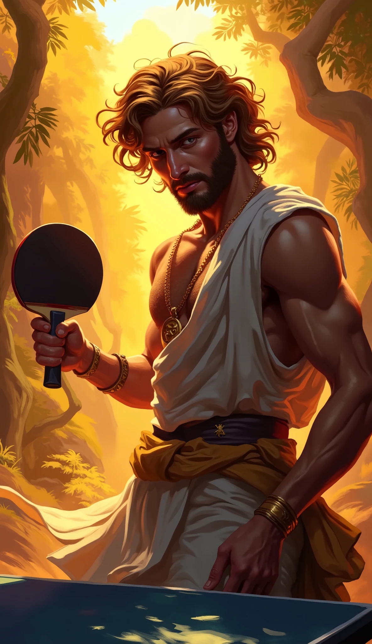  attractive or handsome young Greek  God ,hunk, (without beard), (smooth perfect face), golden curly hair, he is wearing greek god outfit with golden elements emanates light, sunny elements  posing as professional table tennis player, table tennis racket and hitting the ball, His playing harp instrument. sun rising in the background, sun light on his skin, high contrast, ray of light reflect on his body, His background in table tennis table, oil painting, digital art, dynamic, 
