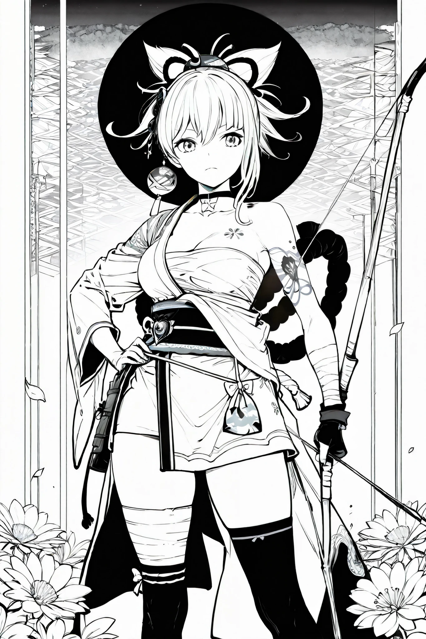 score_9, score_8_up, score_7_up, score_6_up, score_5_up, score_4_up, digital art,
BREAK
(masterpiece: 1.0), best quality, perfect anatomy, perfect composition, perfection, 4k resolution, absurdres, very aesthetic, professional artwork, absolutely beautiful, lineart, line art, greyscale, monochrome
BREAK
1girl, solo, breasts, blonde hair, hair ornament, thighhighs, holding, standing, ponytail, flower, weapon, japanese clothes, choker, black thighhighs, kimono, holding weapon, hand on own hip, tattoo, bandages, rope, sarashi, bandaged arm, bow \(weapon\), arm tattoo, tube top, bandaged leg, chest tattoo, chest sarashi, hadanugi dousa, yoimiya