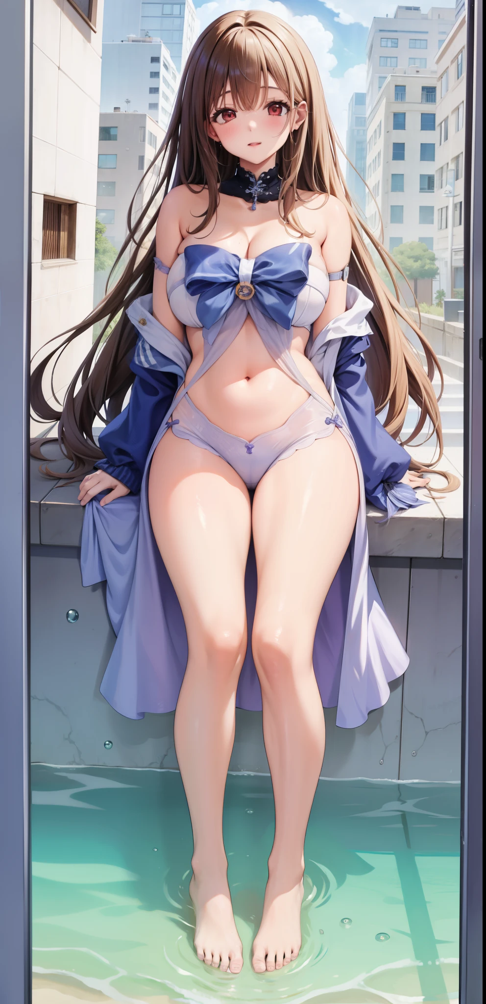 (((masterpiece, Highest quality, High resolution, 超High resolution, Perfect Pixel, Depth of written boundary, 4K, RTTX 10.0))), Beautiful Anime Women, Beautiful art style, Anime characters, ((Smooth texture, Realistic texture, Anime CG Style)), Exact finger count、Exact number of legs、(Exact number of arms:1.0, Exact number of hands:1.0), (Perfect hands, Perfect Anatomy), Cinematic, Realistic, Extremely detailed CG, Daytime lighting, Perfect lighting, Best Shadow, The best natural light, whole body, Perfect body, バランのとれたPerfect body, Perfectly balanced style, (Slender body:1.2), ((Long Hair, bangs, Reddish brown hair, Stylish hairstyle)), ((A cute woman stands with her hands in her panties:1.8)), (Put one hand in your panties:1.8), (fingering:1.8), (pussy juice:1.5), ((Bow tie around neck, High heels:1.3), (Sexy and cute turquoise underwear:1.3), (Stylish shiny turquoise blue satin panties, Side-tie panties, Panties with a plain turquoise blue center and lace decoration on the sides:1.3), (Thin panties with ribbon:1.3), (Turquoise micro lace satin bra, Turquoise blue bra with lace trim, Thin bra with ribbon:1.3), (lace garter belt, Garter Strings, Knee socks:1.3):1.3), (Beautiful big , Cleavage:1.1), (Embarrassed expression:1.4), blush, (sexual pleasure expression:1.5), (The expression of someone who is holding in the toilet:1.4), (Look up, Mouth half open:1.4), (Half-close your eyes:1.3), (Stylish cake shop, Receiving guests, Many customers in the background, A busy store, Chair, table:1.3), naked, In underwear, Waitress in underwear, (Frilly maid-like headband:1.2), whole body, Angle from the front, chizuru