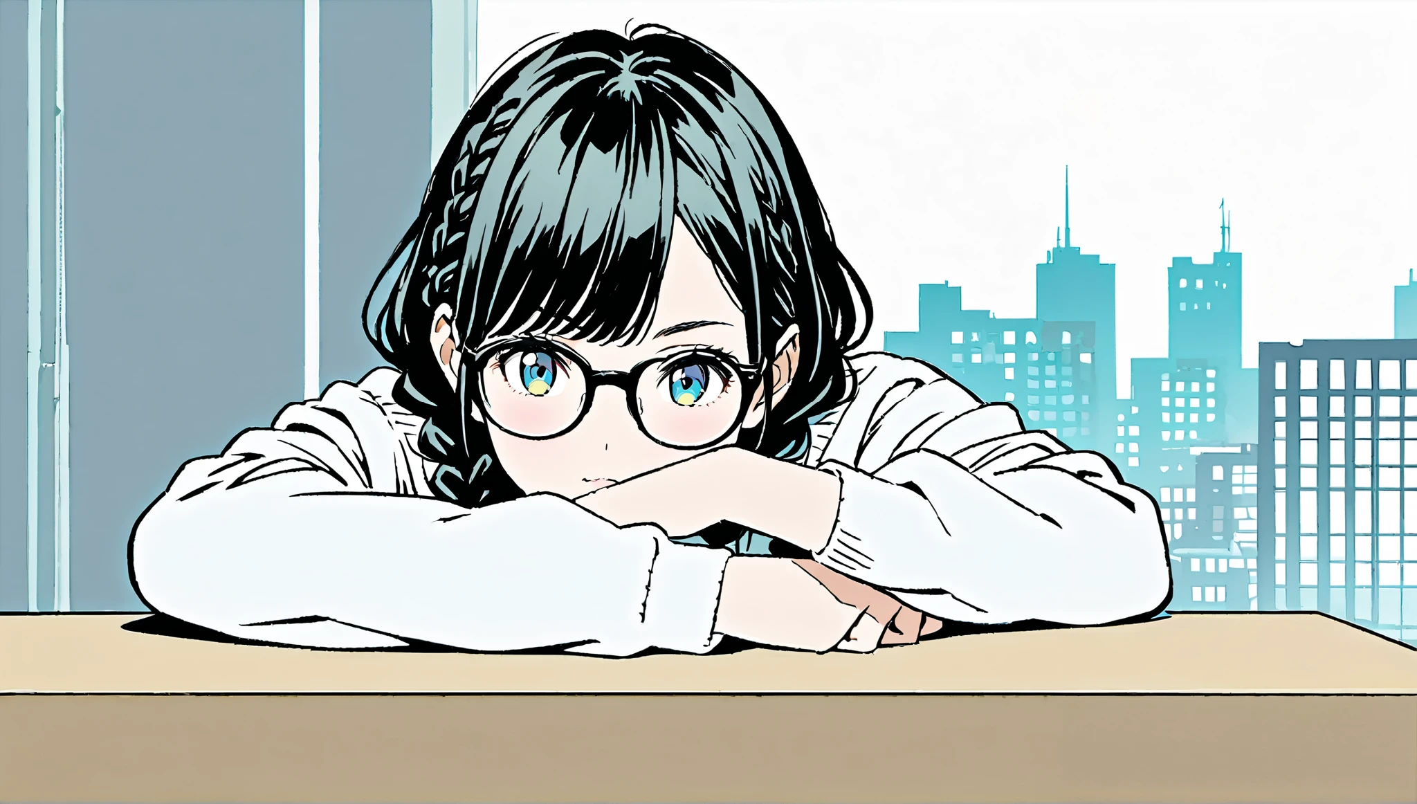 (( uneasy expression)),(Pop Color)),masterpiece, ((( with elbows on a table ))),、Highest quality, Beautiful attention to detail, Very detailed, In detail, High resolution, Perfect Anatomy, , , girl, (one person:1.5), alone, (Braided hairstyle for black hair),((( black rimmed glasses)))、 (I'm wearing a white long sleeve sweater), ((White solid background))), Background, (City Pop anime), Kyoto Animation, ,anime,