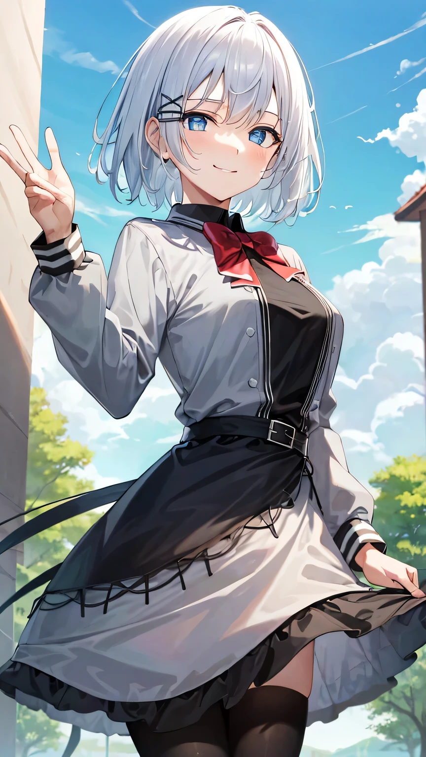 {{{masterpiece}}}, (best quality:1.5), (ultra-detailed:1.5), {illustration}, {{an extremely delicate and beautiful}}, (beautiful detailed eyes:1.6), absurdres, highres, extremely detailed face, 16k, hd, visual anime de uma jovem mulher, extremamente bonito rosto de anime, anime melhor garota, (perfect hands, perfect anatomy), anime face, Siesta (The Detective Is Already Dead), 1girl, solo, cute face, white hair, short hair, bangs, x hair ornament, sidelocks, blue eyes, (High resolution eyes, Beautiful eyes, Light in the eyes), medium breasts, big hips, curvaceous, BREAK, grey jacket, grey dress, long sleeve, grey sleeve, black shirt, red bowtie, black belt, black apron, grey skirt, black pantyhose, thighs, zettai ryouiki, BREAK, cute face, smiling, standing, outdoor, sky, daytime, public park, sun, lake, look the sky, look up, (bust shot:1.3), from side, from below