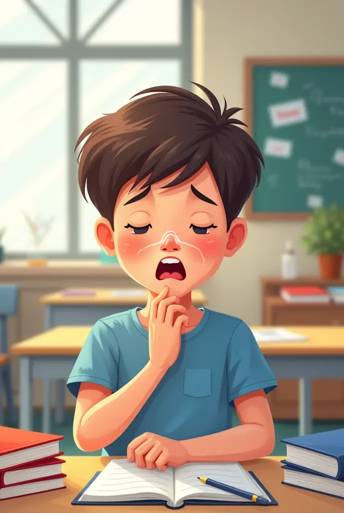 I am looking for an illustration of a student who is sick with the flu (cough and snot) a school environment Drawing style: Modern and vector, with smooth, clean lines, and vibrant colors. Cartoonish but realistic. Color: Using a palette of bright and contrasting colors that are pleasant and eye-catching. FORMAT: Illustrations arranged in a book or manual style. This illustration is intended for a guidance and training manual, so it must be clear, accessible and visually appealing."