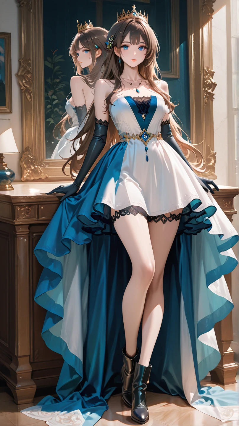 [blue:aqua:0.65] theme, masterpiece, a girl's masterpiece, detailed visual art, blue eyes, light blonde hair, long hair, collarbone, royal princess, elegant, gorgeous quinceanera corset, corset piercing, detailed layered skirt, [detailed frills: 0.1], [frilled dress: 0.1], embroidery, [details princess dress: 0.1], off-the-shoulder, big breasts: 1.3, open crotch, thigh seam, garter belt, groin, [NSFW| uncensored], (simple background: 1.1), low-winged, full-body
