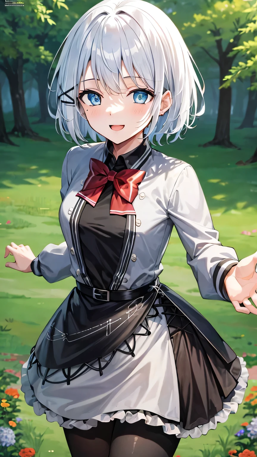 {{{masterpiece}}}, (best quality:1.5), (ultra-detailed:1.5), {illustration}, {{an extremely delicate and beautiful}}, (beautiful detailed eyes:1.6), absurdres, highres, extremely detailed face, 16k, hd, visual anime de uma jovem mulher, extremamente bonito rosto de anime, anime melhor garota, (perfect hands, perfect anatomy), anime face, Siesta (The Detective Is Already Dead), 1girl, solo, cute face, white hair, short hair, bangs, x hair ornament, sidelocks, blue eyes, (High resolution eyes, Beautiful eyes, Light in the eyes), medium breasts, big hips, curvaceous, BREAK, grey jacket, grey dress, long sleeve, grey sleeve, black shirt, red bowtie, black belt, black apron, grey skirt, black pantyhose, thighs, zettai ryouiki, BREAK, smiling, looking at viewer, open mouth, flushed cheeks, (bust shot:1.3), outdoor, mountain, daytime, forest, flower garden, field, medium close-up shot