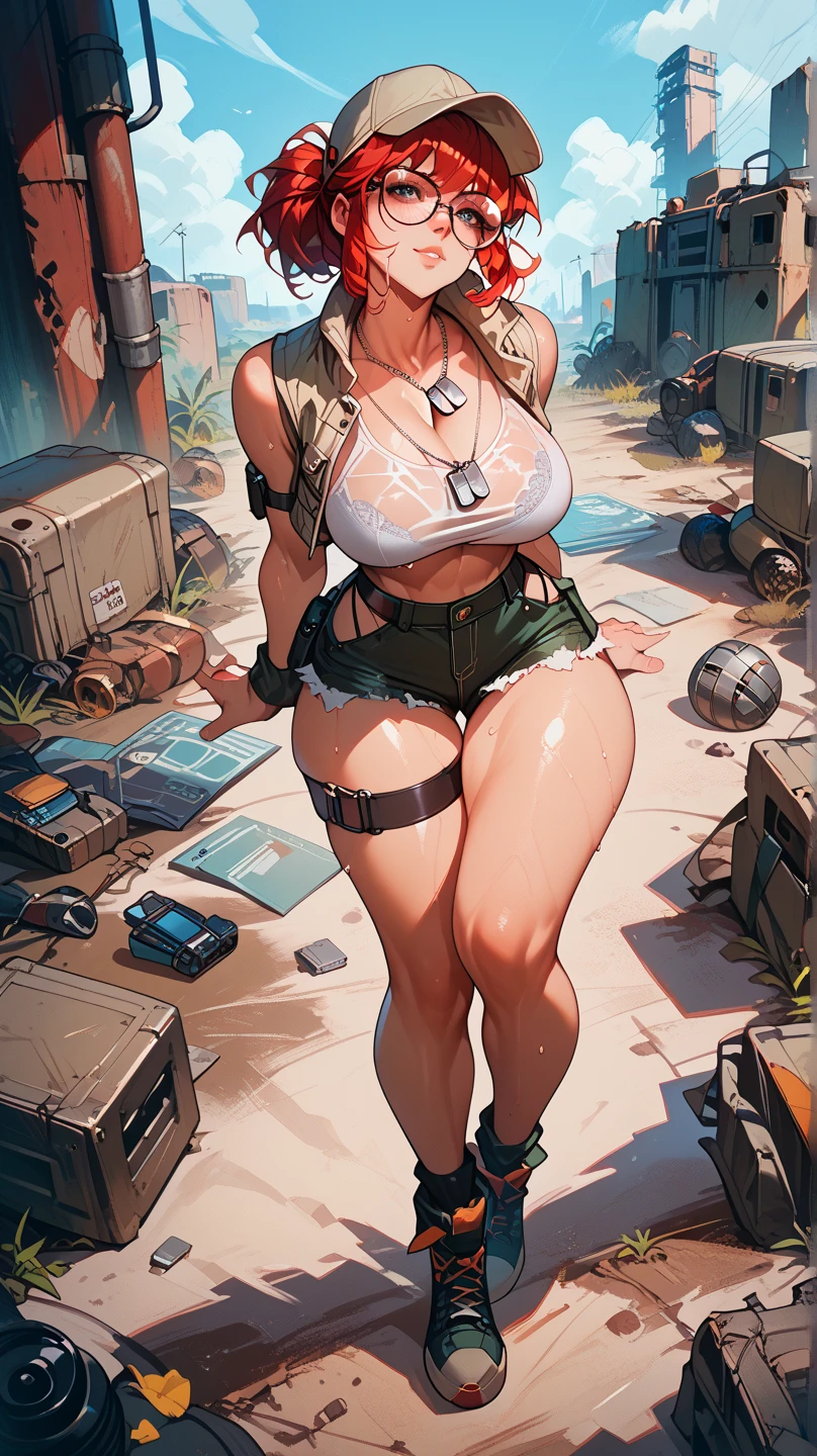 Masterpiece, best quality, Masterpiece, best quality, 1 woman , blue eyes , yellow ponytail , sly face , smile , look up , black bikini , abdomen, big breasts , Long legs , hands on hips , Barefoot , abandoned factory , snowy 