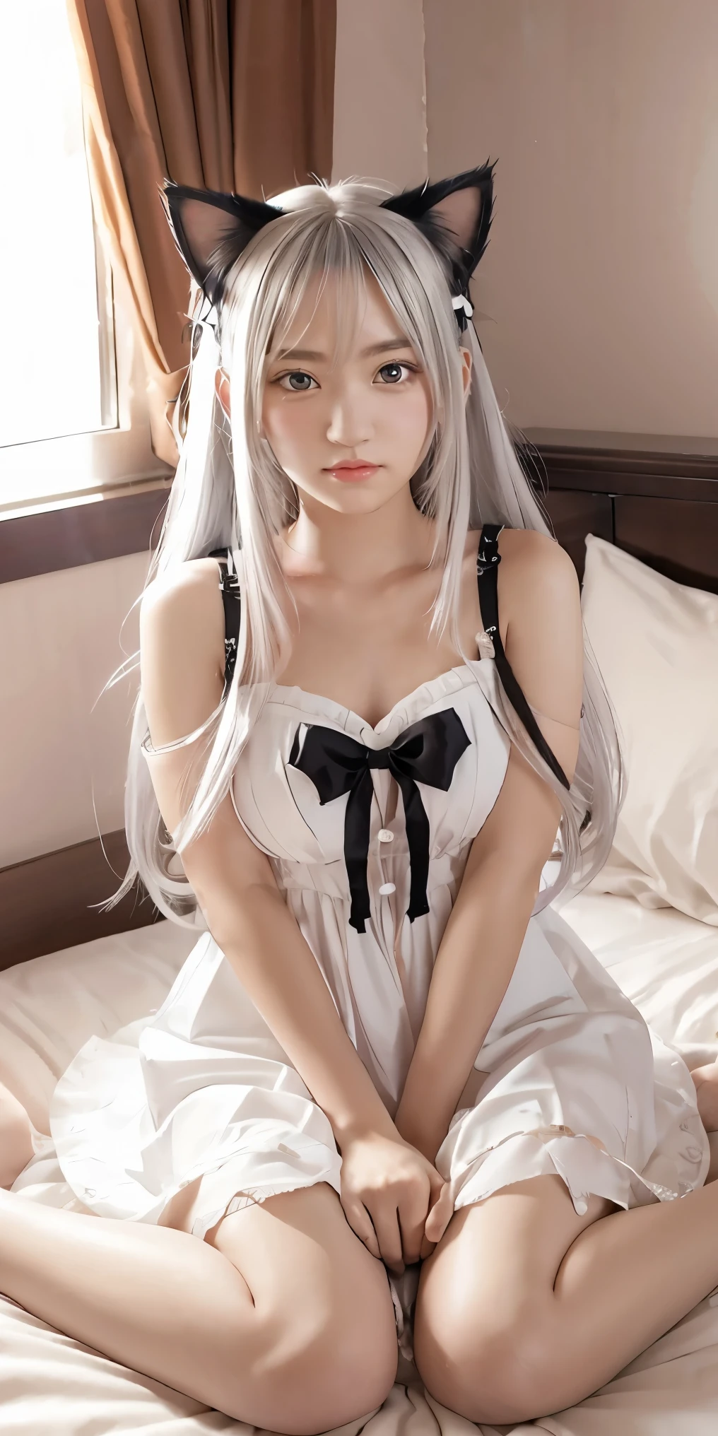 Long-haired anime girl sitting on bed, cat ears, from the girl front, cute anime waifu wearing beautiful clothes, seductive anime girl, white-haired deity, exquisite details.  in dress, anime 4k   ,1 girl, solo,