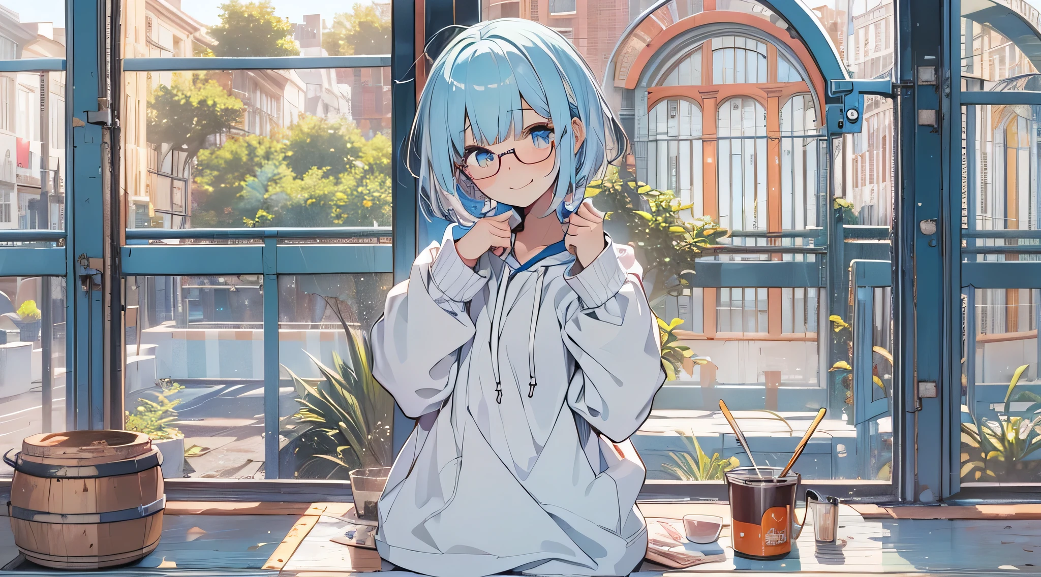 A with short blue hair and light blue eyes wearing a blue hoodie and square glasses