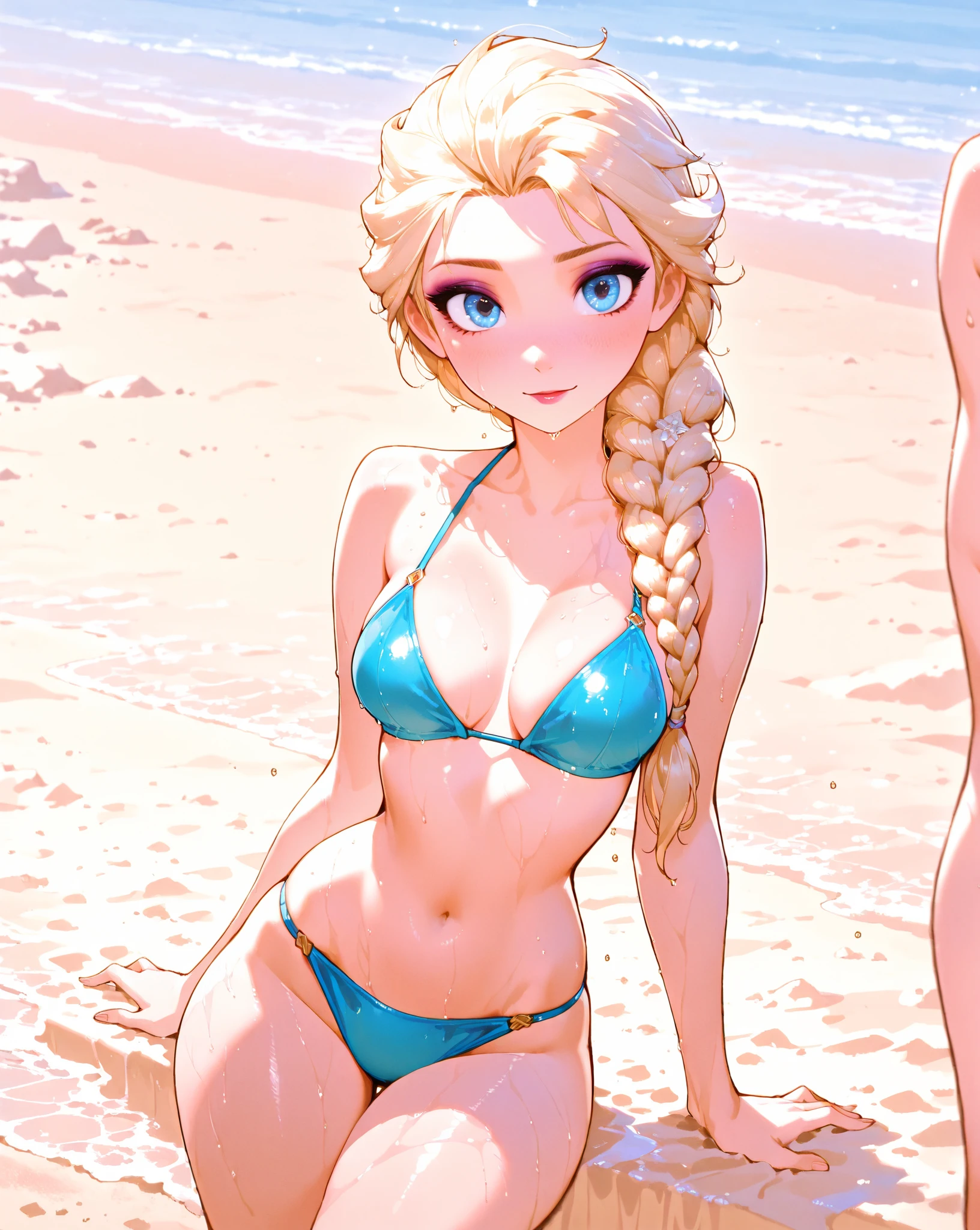 Short,  curvy,  blonde,  dark blue eyes,  hair up, String bikini,  cabin,  lake,  pine trees,  laughing,  pulling bikini to side
