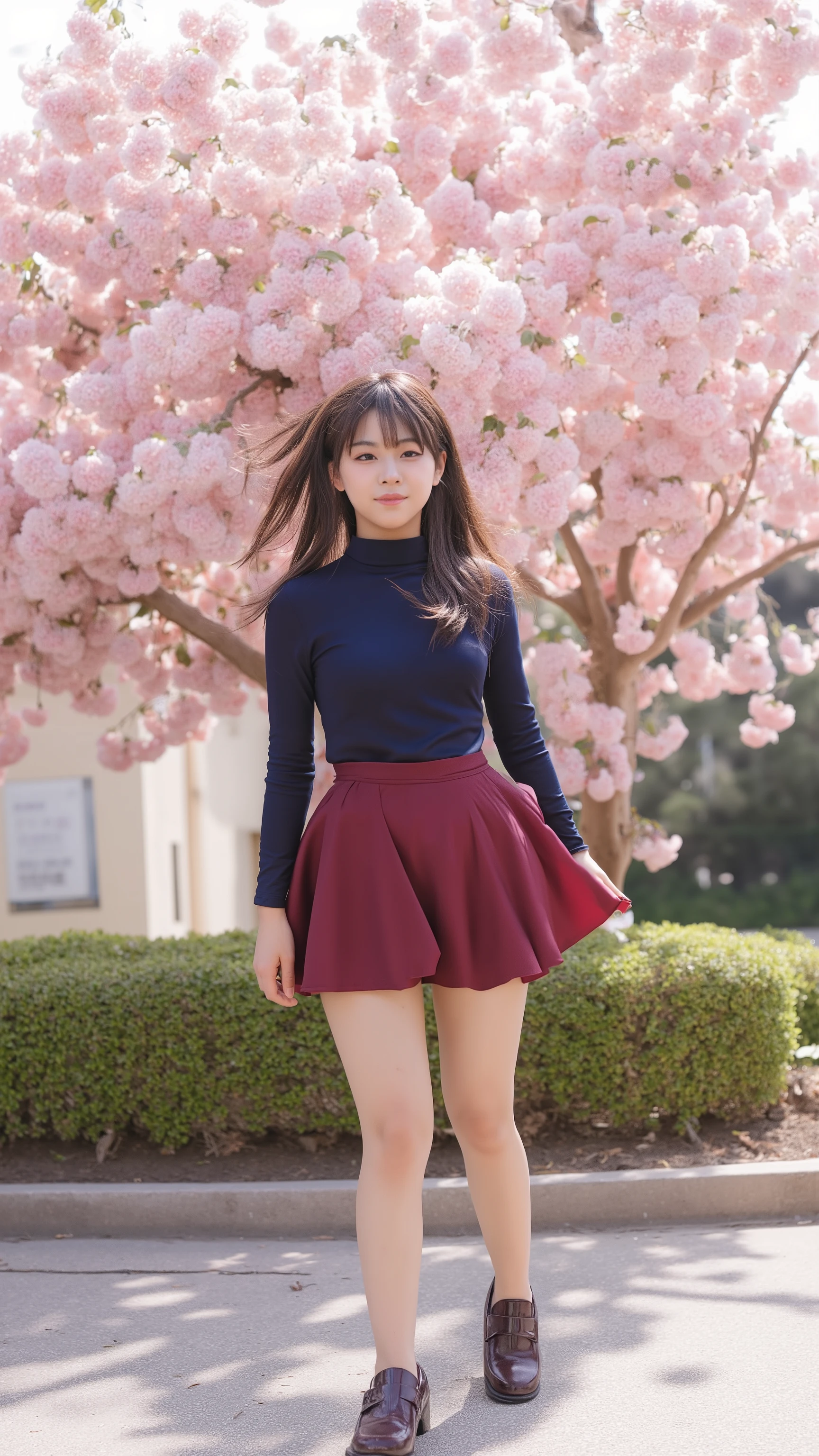 A woman in her 20s standing posing on a street tree in spring with a blizzard of cherry blossoms、She is wearing a navy blue turtleneck that fits her body, a dark red circular skirt, and high heels、 has long hair fluttering in the wind and looks at me with a big smile 、A bright, spring-like photorealistic image 、 composition from below
