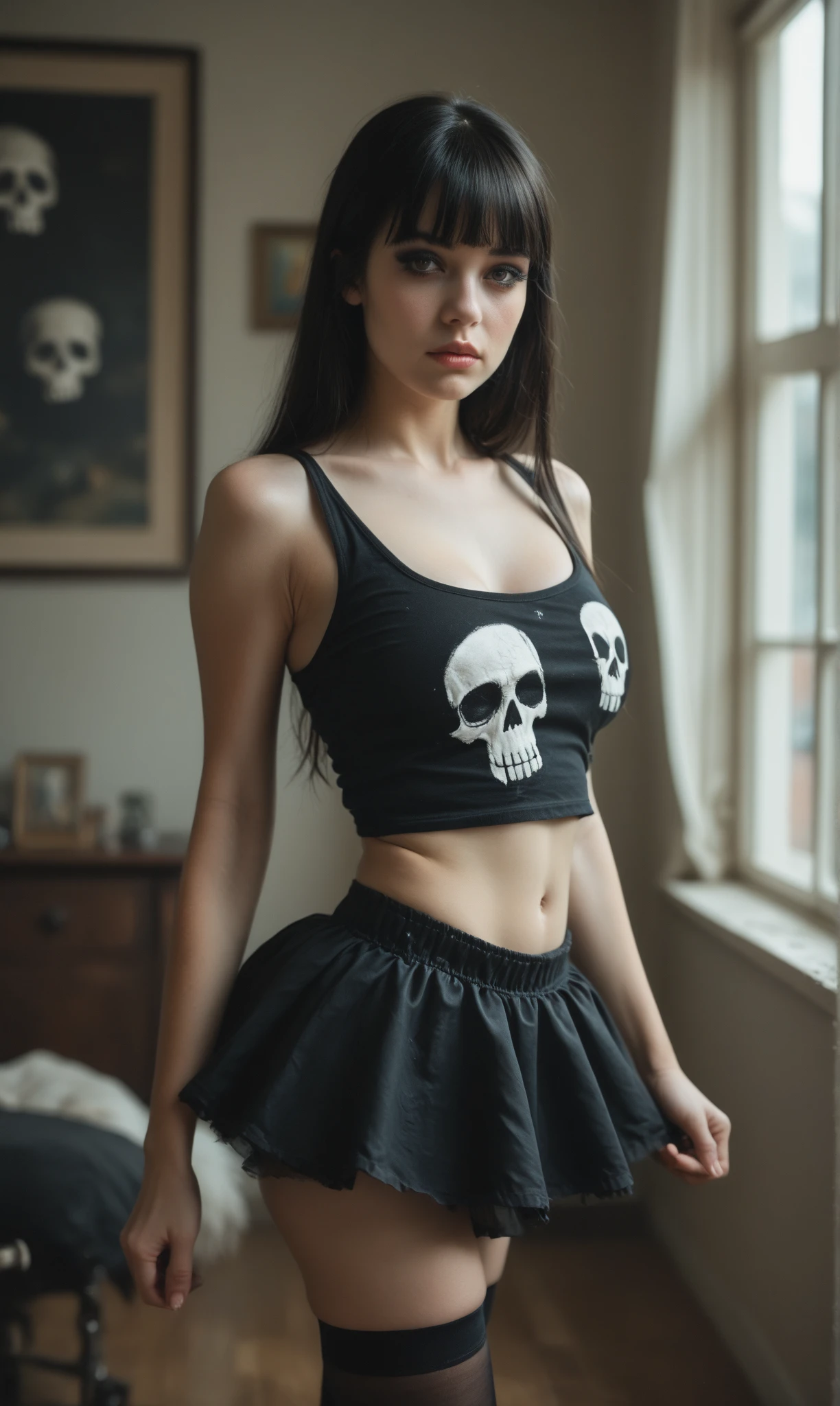 DEN_dakota_jade,
((gothic cheerleader:1.1) outside wearing a black (skull top:1.2) with a skull on it and a (frilly skirt:1.2) holding (pom poms:1.2), gothic, (cheerleader:1.2):1.2),
bokeh, f1.4, 40mm, photorealistic, raw, 8k, textured skin, skin pores, intricate details <lora:epi_noiseoffset2:1>, epiCRealism <lora:ClothingAdjuster3:-1.3>