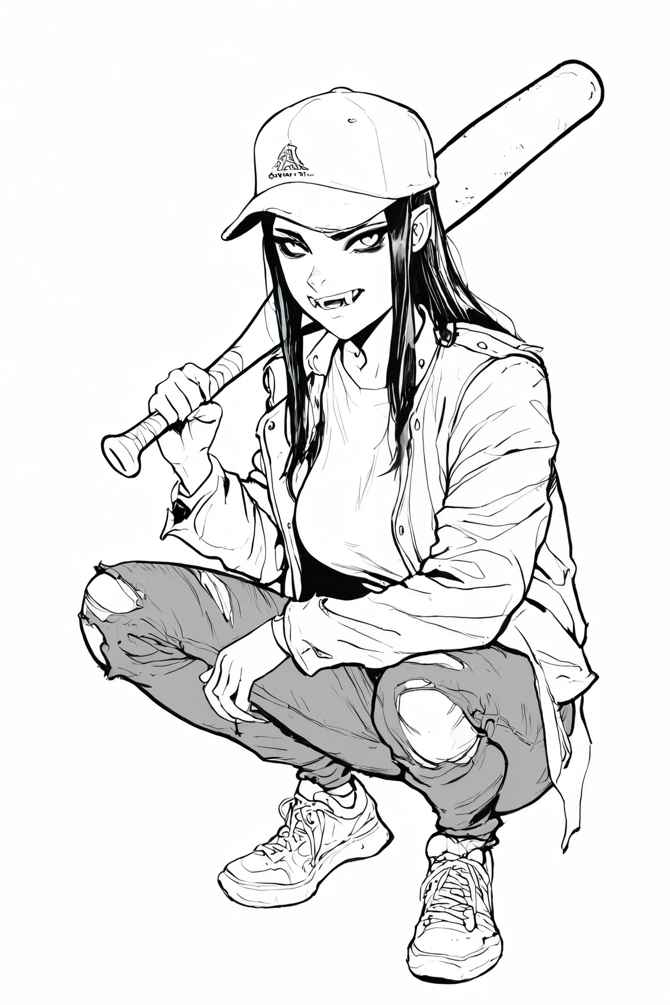 masterpiece, best quality, amazing quality, very aesthetic, high resolution, line art, four fingers and a thumb,
timbrook, 1girl, vampire fangs monochrome, greyscale, solo, long hair, torn clothes, baseball bat, baseball cap, jacket, shoes, pants, holding, sneakers, breasts, torn pants, looking at viewer, simple background, shirt, hand up, squatting,