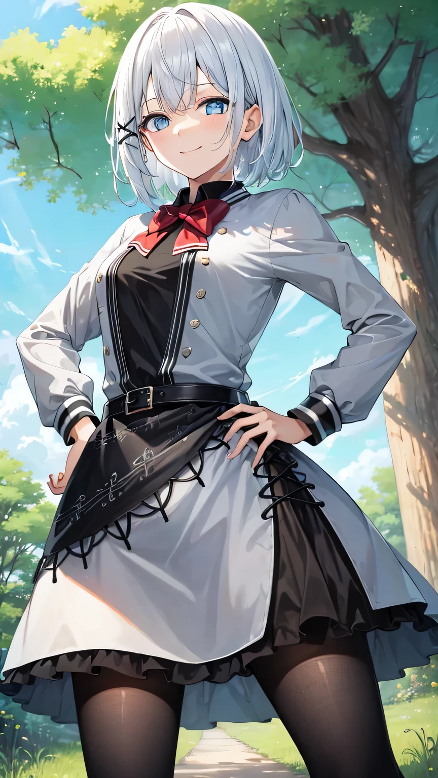{{{masterpiece}}}, (best quality:1.5), (ultra-detailed:1.5), {illustration}, {{an extremely delicate and beautiful}}, (beautiful detailed eyes:1.6), absurdres, highres, extremely detailed face, 16k, hd, visual anime de uma jovem mulher, extremamente bonito rosto de anime, anime melhor garota, (perfect hands, perfect anatomy), anime face, Siesta (The Detective Is Already Dead), 1girl, solo, cute face, white hair, short hair, bangs, x hair ornament, sidelocks, blue eyes, (High resolution eyes, Beautiful eyes, Light in the eyes), medium breasts, big hips, curvaceous, BREAK, grey jacket, grey dress, long sleeve, grey sleeve, black shirt, red bowtie, black belt, black apron, grey skirt, black pantyhose, thighs, zettai ryouiki, BREAK, spread legs, hands on hips, standing, smiling, flushed cheeks, peer in from below, outdoor, sky, daytime, ruins, forest, field