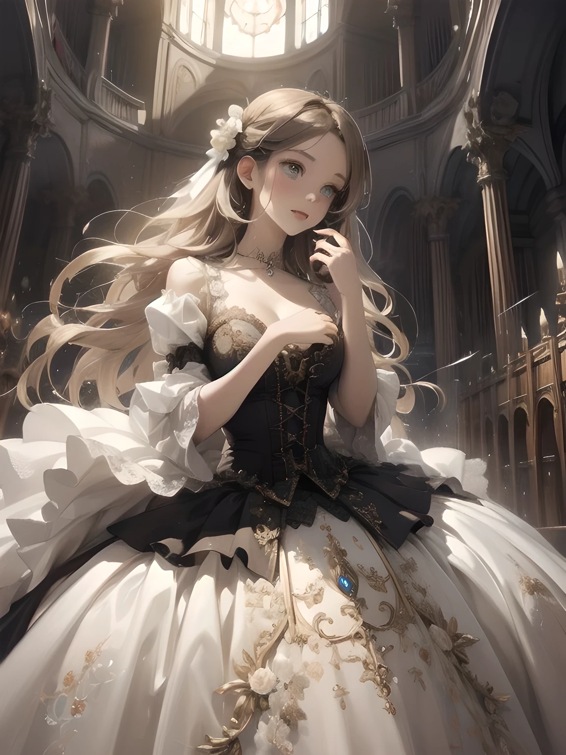 Masterpiece、 so beautiful、Clear contours、ta Aristocrat's Cute Poses 、 1800 Victorian Fantasy Cute Poses,In front of a church pipe organ