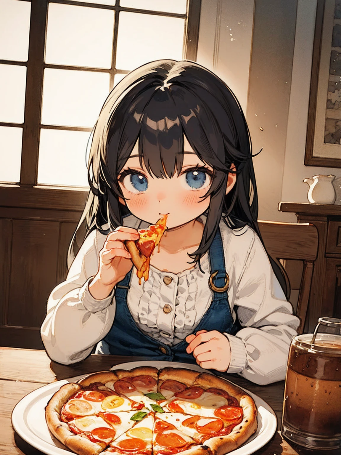 girl eating pizza, Watercolor painting, Scene of heibaidiao , silhouette, light and shadow,
