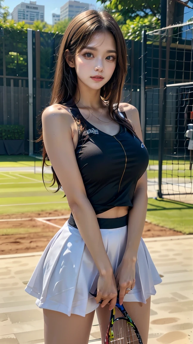 ((Master Parts, Best Quality,absurderes)),By Shinkai Makoto( 1人の女性,Soio, The long-haired, 21 years old,expressive blue eyes,Huge breasts, Seios Enormes), Cheer Uniforms(((Mini Sleeveless Gym Top, pleatedskirt,White laced panties with bandages, sockes))) , College Football Field,Other blurry buildings at the bottom of the image, tag,College Football Field,College Football Field,College Football Field