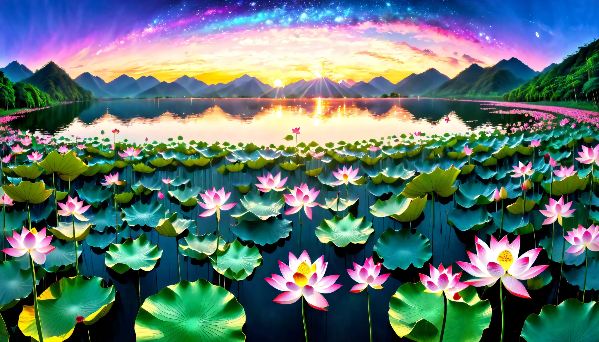 超 high image quality,  high image quality,  high quality , Spectacular Scenery , Magnificent Pure Land of Paradise ,((( large group of huge and very beautiful lotus flowers that fill the surface of the lake))),(((1000 lotus flowers on the surface of the lake ))),((A large group of overlapping lotus flowers)),((A gorgeous lotus flower that multiplies infinitely)), ((( Beautiful Digital Painting 　眩い程Shine夕日))),( Composition taken with a fisheye lens ),一部にstar空,   Milky Way, star, star屑,   Milky Way, 流star,  Stargazing , horizon  , silhouette ,Beautiful Mountain々, ((( A lake with so many lotus flowers blooming))),((( large group of huge and very beautiful lotus flowers that fill the surface of the lake))),((( mystical atmosphere ))), Beautiful Sunset  , green,  purple  , black,   Darkness, Shine,   Majestic Atmosphere, Depth, Superb view from above , silence, Awe, hope, Romance,   timelapse,  astrophotography,beautiful,  landscape,  Beautiful Digital Painting  , Andreas Rocha,   Beautiful Gradation of the Sky  ,   Stunning Wallpaper ,  Distorted shape , Beautiful Wallpapers,  Real Scenery , The brilliance of the auroras ,湖面にstar空が映る,

