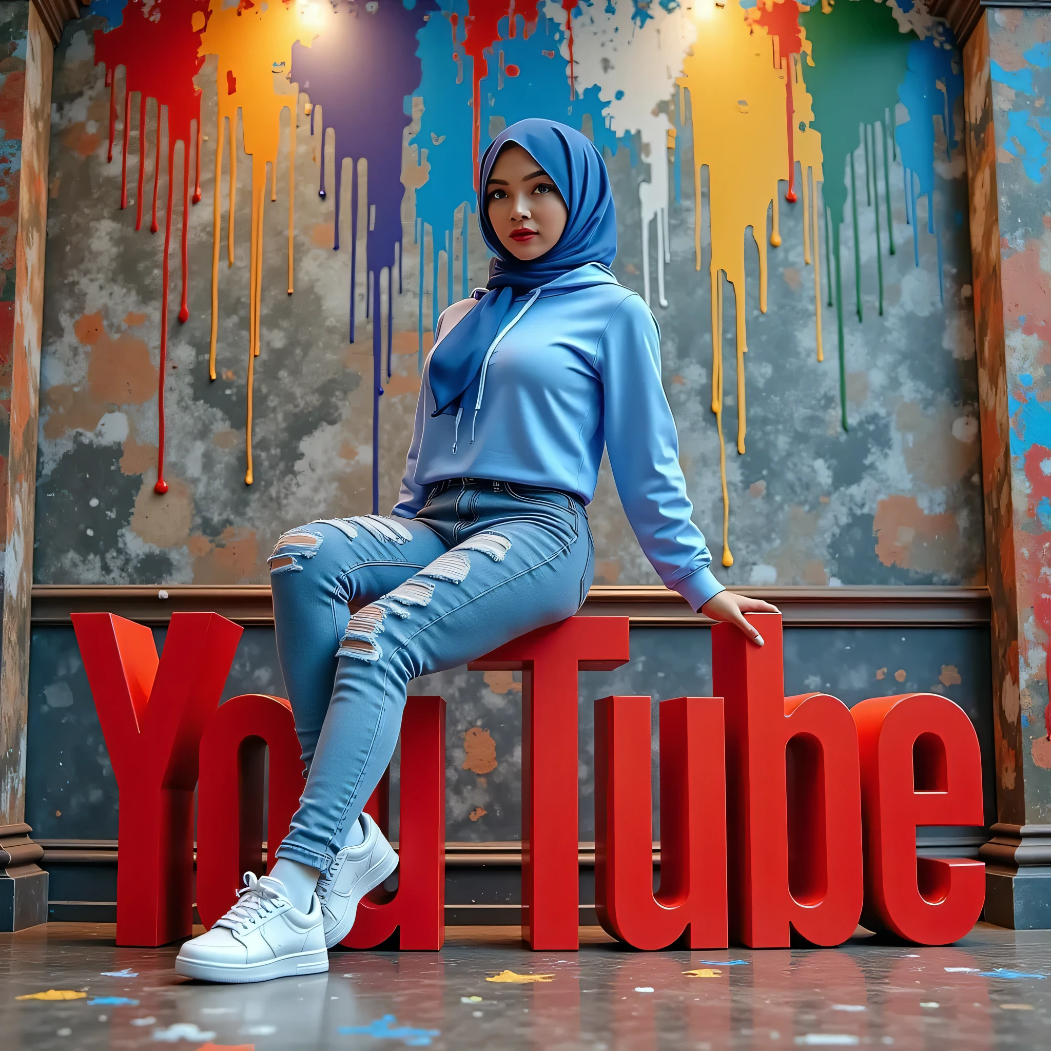 "A highly detailed and hyper-realistic 3D-rendered image in ultra-high-definition (UHD) and 8K resolution, showcasing an elegant, mature Indonesian woman around 35 years old. She has a well-toned and curvy figure, exuding both confidence and sophistication. Her facial structure is square-shaped, with distinct and striking features: a petite, slightly flat nose, thin and defined lips, and a cleft chin that adds character to her look. Her makeup is flawlessly applied in a soft, natural style, enhancing her beauty with subtle highlights and contours. She wears a stylish hijab, neatly wrapped with modern flair, complementing her overall fashionable appearance.
She is dressed in a light blue hoodie that exudes casual comfort, paired with ripped denim jeans that add a touch of edginess to her outfit. On her feet are stylish white sneakers, completing her trendy and relaxed look. She is seated confidently atop large, bold 3D letters spelling out the word 'YOUTUBE,' rendered in a sleek, vibrant red with realistic three-dimensional effects, giving the logo a striking visual impact.
The background is transformed into a vivid and dynamic wall made up of colorful, dripping paint. The wall features a cascade of bright, eye-catching colors such as blues, yellows, reds, greens, and purples, blending together in a mesmerizing and artistic way. The dripping paint creates a sense of motion and energy, contrasting beautifully with the bold red of the 3D 'YOUTUBE' letters and the woman's soft blue outfit. The lighting in the scene is expertly balanced, highlighting the textures of her skin, the fabric of her hoodie and jeans, and the glossy surfaces of the 3D text and background. The result is a visually stunning composition that merges elegance, modernity, and artistic flair."