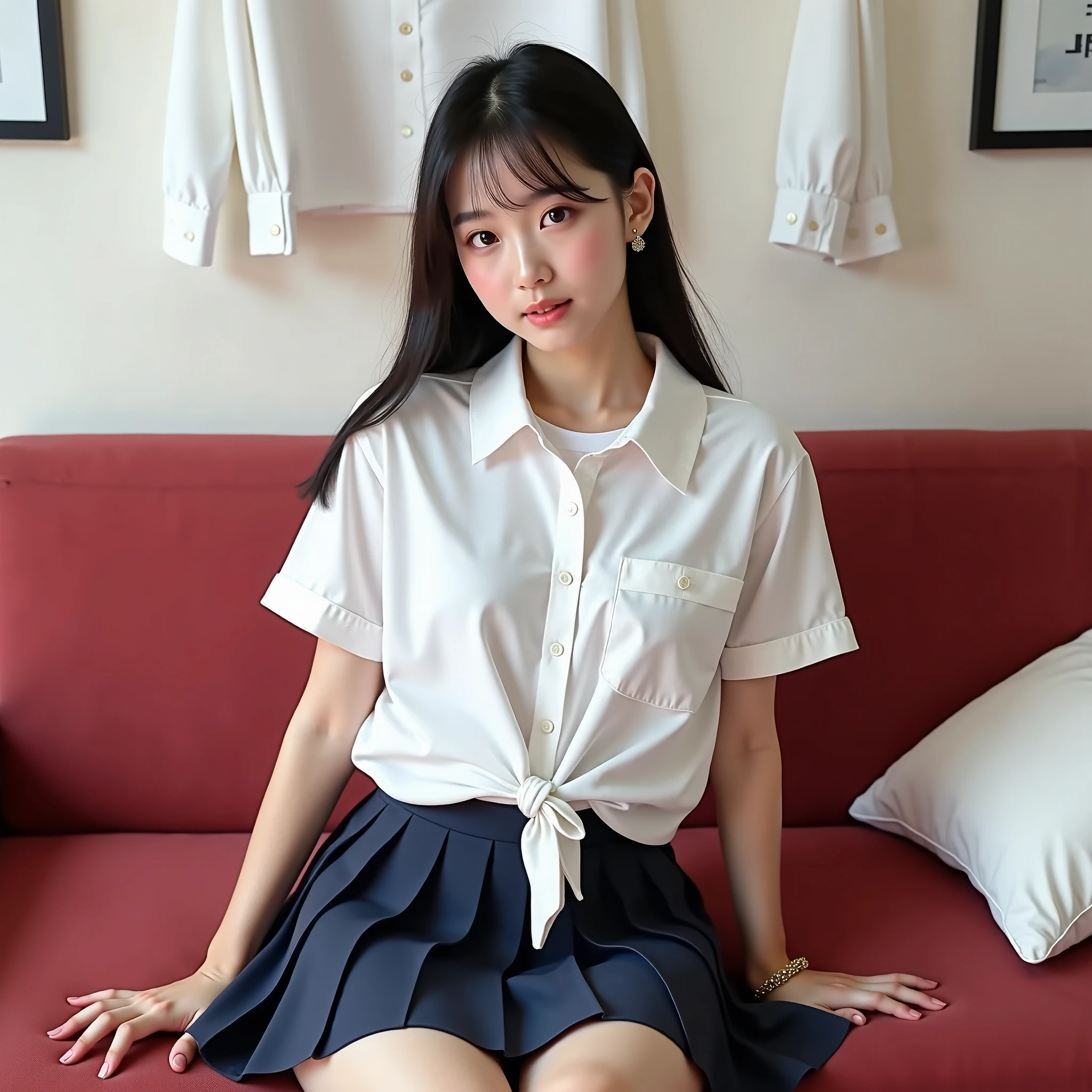 Plain white background，Plain white background front，Plain white background，faceted，hoang lap，Original，Extremely Delicately Beautiful，Beautiful detailed eyes and face，1girll，black_Hair，Looking_at_peeping at the viewer，独奏，（tmasterpiece：1.4），（best qualtiy：1.4），White sneakers，Black color hair，The eye，Very long hair，Shenzhen school uniform，White and blue pleated skirt，bluntbangs，