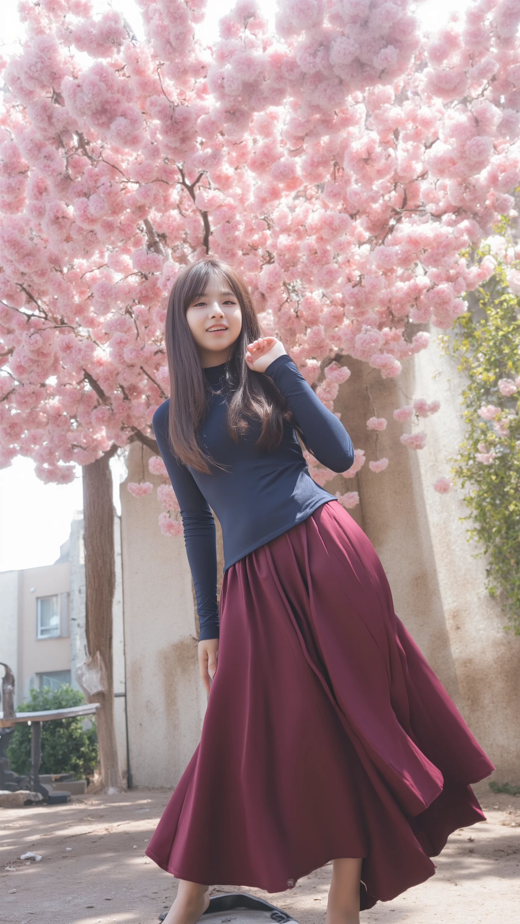 A woman in her 20s standing posing on a street tree in spring with a blizzard of cherry blossoms、She is wearing a navy blue turtleneck that fits her body, a dark red circular long skirt, and high heels、 has long hair fluttering in the wind and looks at me with a big smile 、A bright, spring-like photorealistic image 、 composition from below
