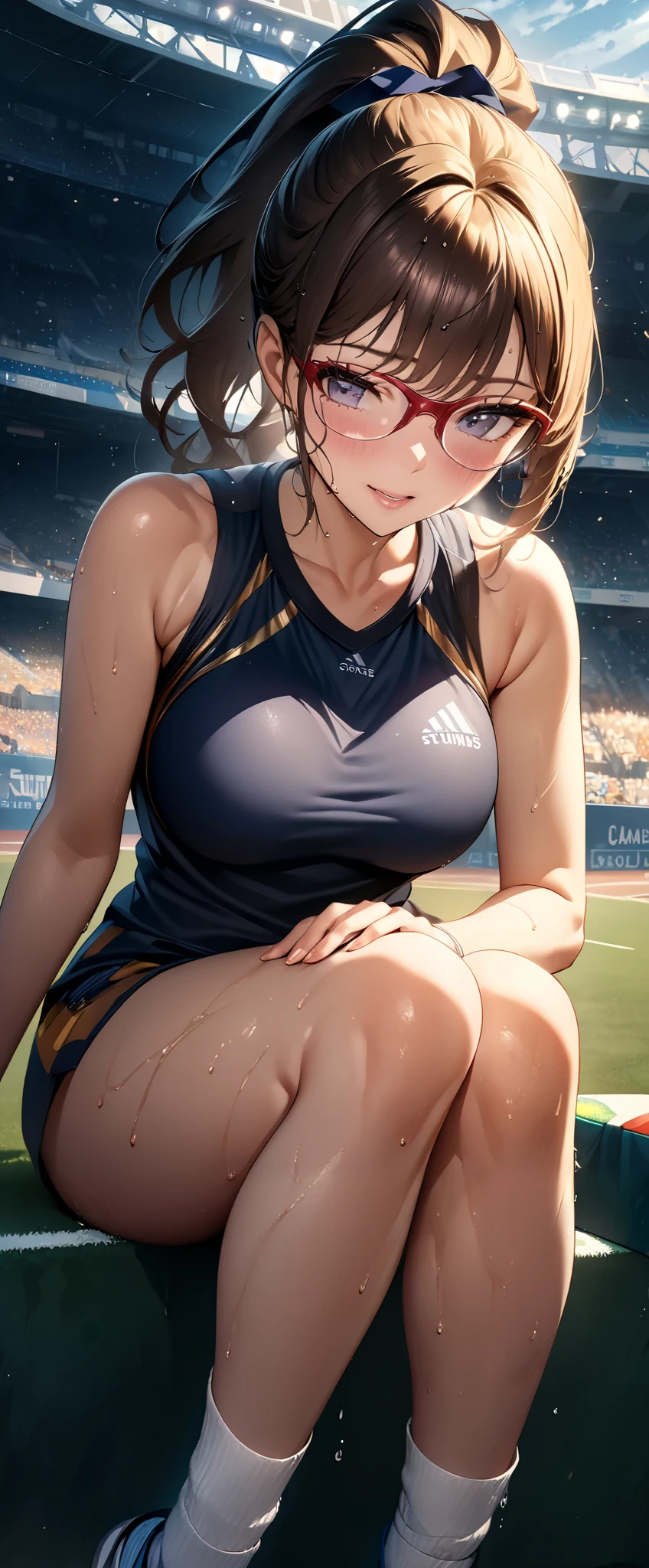 ((( Masterpiece)))、(( top quality))、( super detailed)、(CG illustration)、(Very beautiful woman))、 cinematic light 、((1 Female))、 、(Beautiful and luxurious:1.2)、( One Woman :1.3)Sports Stadium,,((Sleeveless track and field athletes ), I'm sweaty,Beautiful ponytail, Right Ratio between People and Bicycles ,Glasses