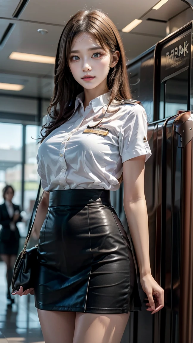 8K, Masterpiece, RAW photo, Best quality, detail:1.2),Photorealistic, Extremely detailed CG unifies 8K, 8K, Depth of field, Cinematic light, Lens flare, Ray tracing, ，Pretty Korean girl, Kpop idol, Photo of a sexy woman sitting in an airplane seat，Wearing a flight attendant uniform，pleatedskirt，（black pantyhoses：1.3），tight fit clothes，mediuml breasts，Wide buttock，being thin，Redlip，黑The eye，（unholy：0.9），Cross ed leg，（textured fabrics：0.9），looking at viewert，（ssmile：0.8），flirting to the camera，（metallic fabric：0.5），extremly intricate，（realisticlying，primitive：1.5）， Sideslit， （bblurry：0.9）， detail in face， poor quality photo， hight contrast， inside airplane， Slender， bow-shaped， （birthmark：0.4）