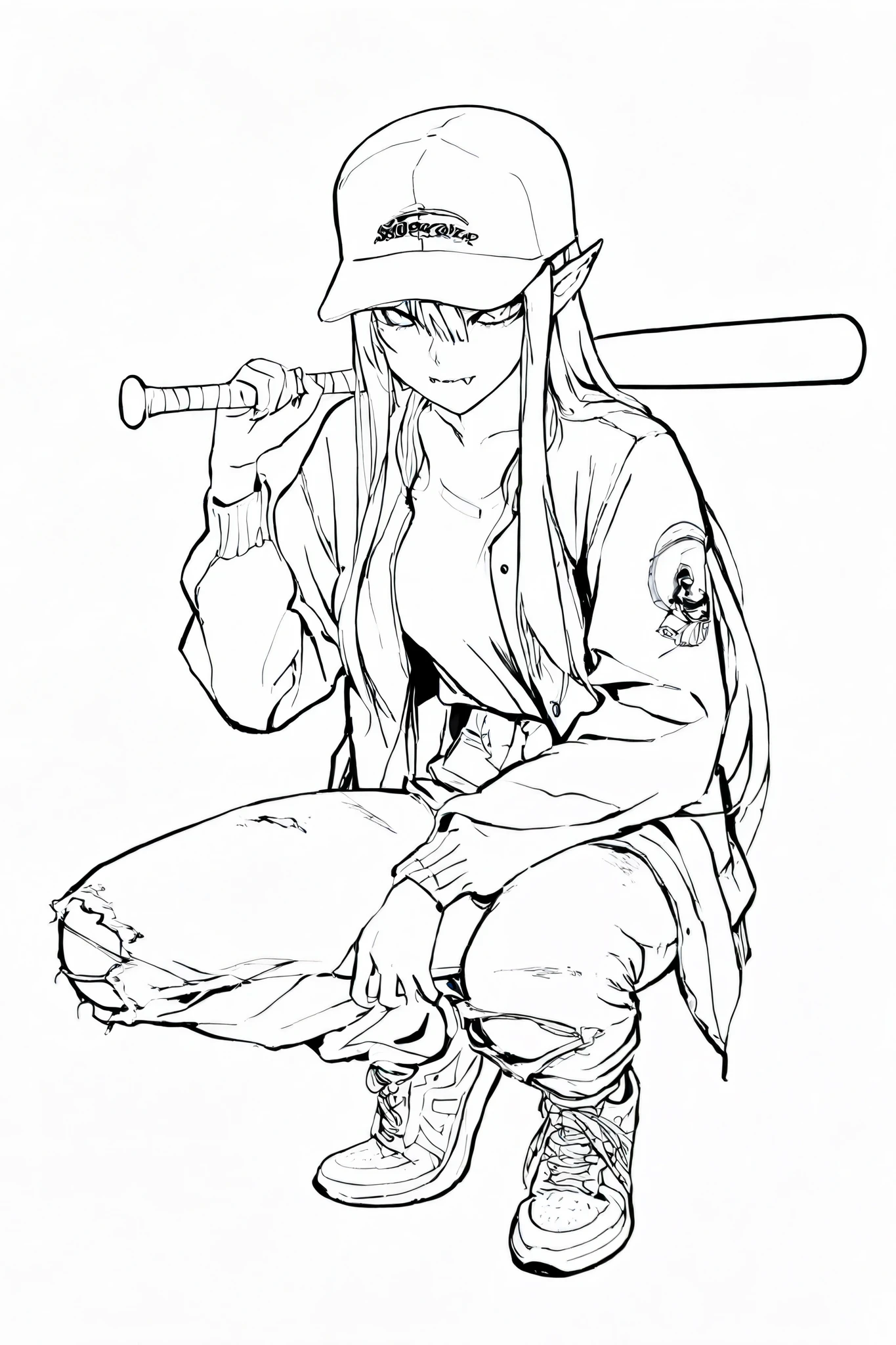 score_9, score_8_up, score_7_up, score_6_up, score_5_up, score_4_up, digital art,
BREAK
(masterpiece: 1.0), best quality, perfect anatomy, perfect composition, perfection, 4k resolution, absurdres, very aesthetic, professional artwork, absolutely beautiful, lineart, line art, greyscale, monochrome
BREAK
line art, four fingers and a thumb, timbrook, 1girl, vampire fangs monochrome, greyscale, solo, long hair, torn clothes, baseball bat, baseball cap, jacket, shoes, pants, holding, sneakers, breasts, torn pants, looking at viewer, simple background, shirt, hand up, squatting,