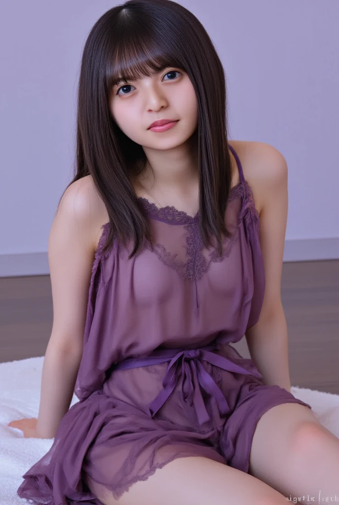(SFW:1.5)、1 Female、Age 20、Ultra High Quality、、(Photorealistic)、Long Hair、Shiny Hair、(negligee)、Shy smile、Sitting like a cross-legged person、Modern Japanese style room、Glossy skin、Small panties、Accentuated、Realistic skin texture、Functional、(Subtle details:1.4)、(PhotorealSite:1.4)