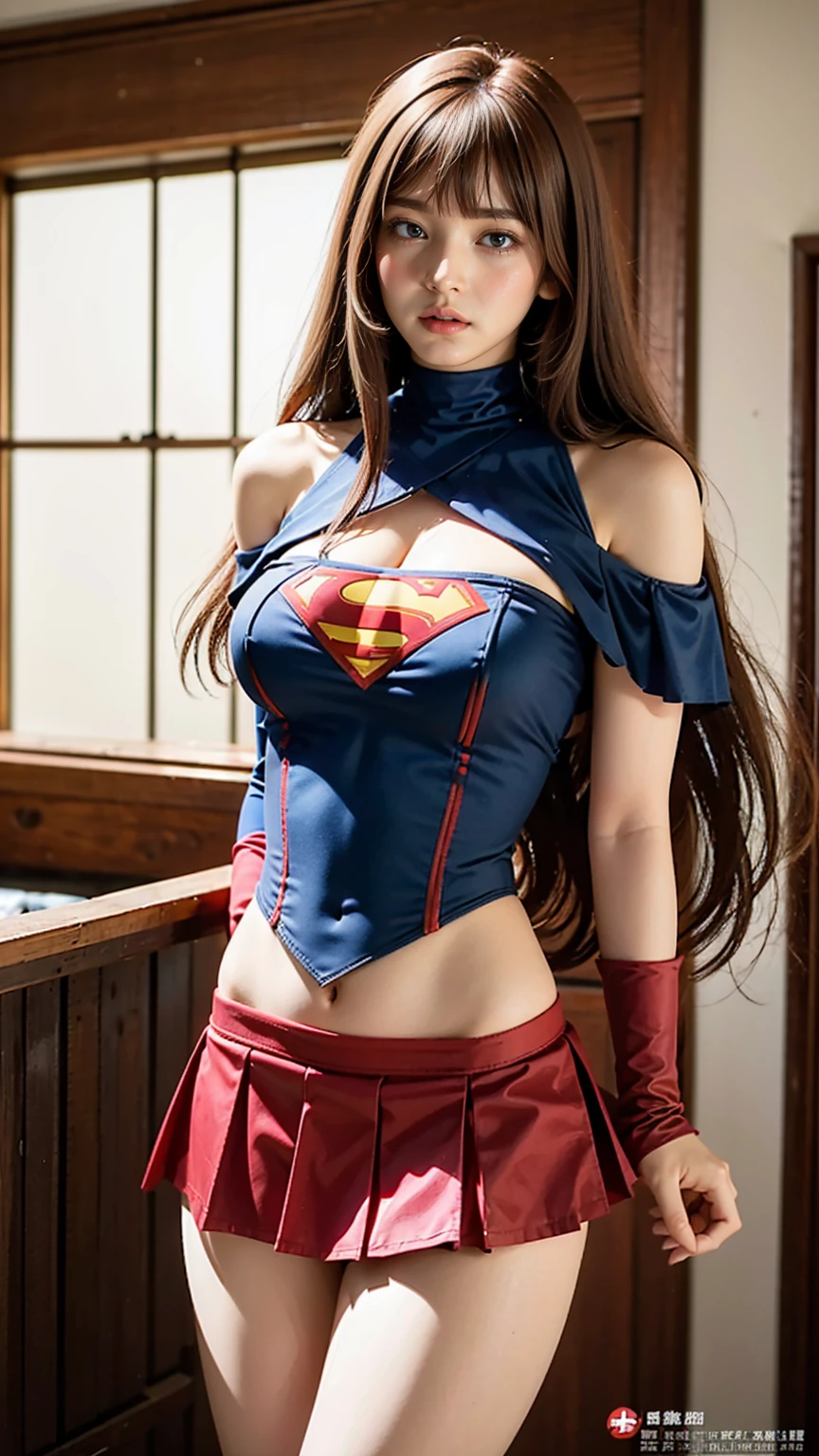 (Very detailed RAW color photography), 4k, realistic, charismatic, very detailed, there is a girl in the sky, dressed in a super girl costume, (she is a super girl), superhero theme, extra long brown and wavy hair, extra long ponytail with bangs, 25 years, full body, (detail in the eyes), (detail in the face),  Incredibly beautiful, blue eyes, blush, makeup, red lipstick, (red pleated miniskirt), (wide hips), (thick thighs), small breasts, dress,, seductive pose, (extreme hourglass figure), strong thighs, svelte, ankle boots