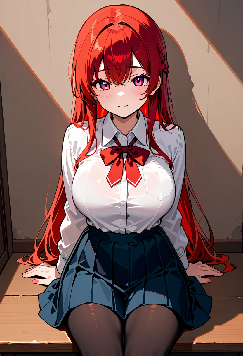 masterpiece, best quality, highres, best quality, highres, rias gremory, 1girl, long hair, school uniform, red hair, ahoge, blue eyes, large breasts, very long hair, breasts, skirt, huge ahoge, socks,