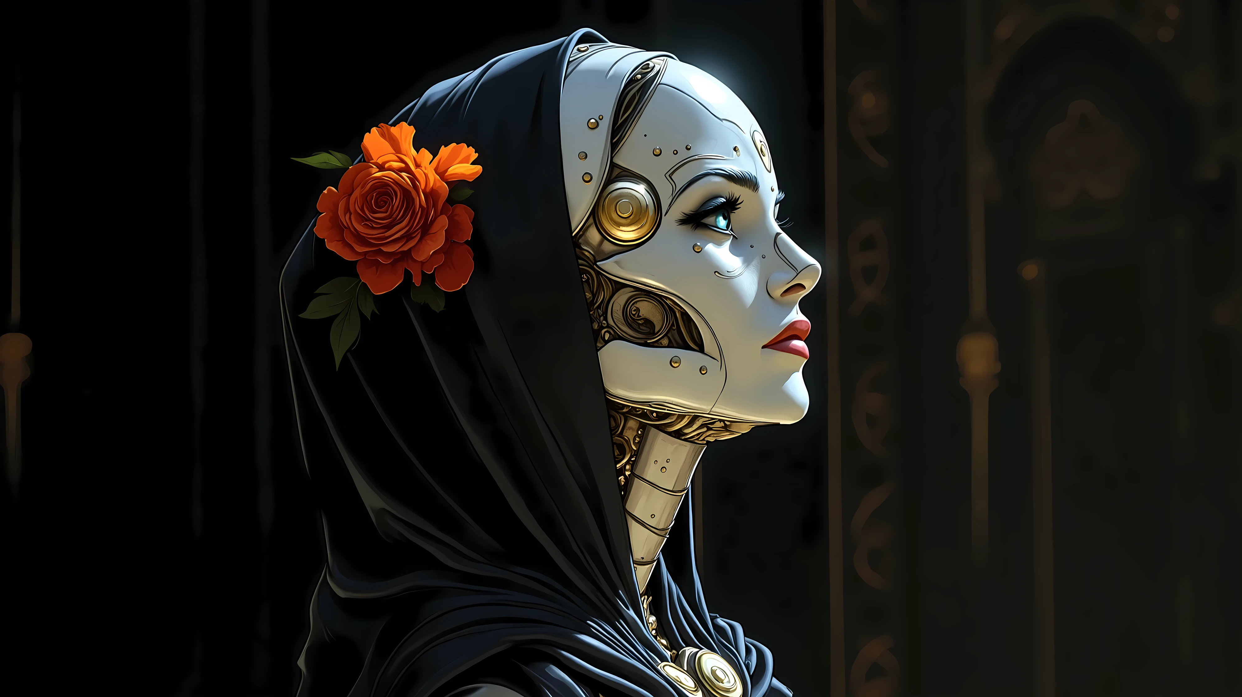 arafed vector illustration, flat colors, flat shading, distinct shapes, distinct lines, A robot with porcelain skin and an orange flower on her black veil, standing on a stage in a dark room. Close-up portrait, side view, vector style illustration, flat colors, skeletal frame