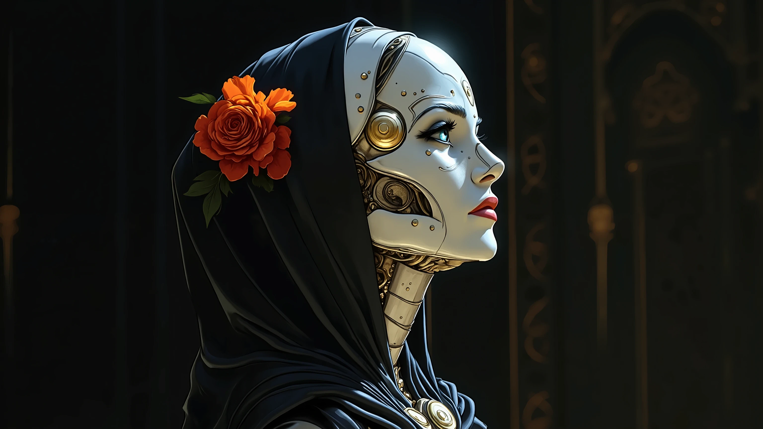 arafed vector illustration, flat colors, flat shading, distinct shapes, distinct lines, A robot with porcelain skin and an orange flower on her black veil, standing on a stage in a dark room. Close-up portrait, side view, vector style illustration, flat colors, skeletal frame